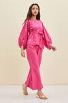 Meadow_Pink Cotton Poplin Floral Boat Ida Embroidered Top And Pant Set_Online_at_Aza_Fashions