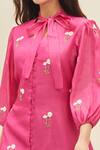 Shop_Meadow_Pink Silk, Cotton Organza Floral Tie-up Ida Puff Sleeve Shirt Dress_Online_at_Aza_Fashions