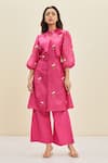 Buy_Meadow_Pink Swiss Dot Cotton Embroidered Ida Puff Sleeve Tunic And Pant Set  _at_Aza_Fashions