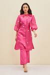 Meadow_Pink Swiss Dot Cotton Embroidered Ida Puff Sleeve Tunic And Pant Set  _Online_at_Aza_Fashions