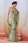 Buy_Isha Gupta Tayal_Green Organza Printed Floral V Neck Saree With Blouse _at_Aza_Fashions