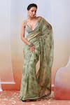 Isha Gupta Tayal_Green Organza Printed Floral V Neck Saree With Blouse _Online_at_Aza_Fashions