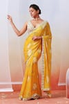 Buy_Isha Gupta Tayal_Yellow Chiffon Printed Floral V Neck Saree With Blouse _at_Aza_Fashions