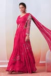 Isha Gupta Tayal_Pink Georgette Printed Floral V Neck Pre-draped Saree With Blouse _Online_at_Aza_Fashions