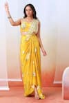 Buy_Isha Gupta Tayal_Yellow Crepe Printed Floral Sweetheart Neck Pre-draped Saree With Blouse _at_Aza_Fashions