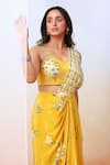 Buy_Isha Gupta Tayal_Yellow Crepe Printed Floral Sweetheart Neck Pre-draped Saree With Blouse _Online_at_Aza_Fashions