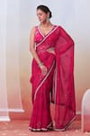 Buy_Isha Gupta Tayal_Pink Organza Printed Floral V Neck Saree With Blouse _at_Aza_Fashions