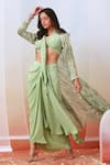 Buy_ISHA GUPTA TAYAL_Green Crepe, Georgette Floral Jacket Open, Top V Printed And Draped Skirt Set _at_Aza_Fashions