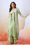 ISHA GUPTA TAYAL_Green Crepe, Georgette Floral Jacket Open, Top V Printed And Draped Skirt Set _Online_at_Aza_Fashions