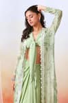 Buy_ISHA GUPTA TAYAL_Green Crepe, Georgette Floral Jacket Open, Top V Printed And Draped Skirt Set _Online_at_Aza_Fashions