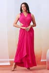 Buy_Isha Gupta Tayal_Pink Crepe Plain V Neck Draped Gown _at_Aza_Fashions