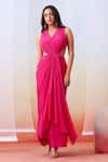 Shop_Isha Gupta Tayal_Pink Crepe Plain V Neck Draped Gown _at_Aza_Fashions