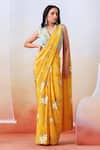 Buy_Isha Gupta Tayal_Yellow Crepe Printed Floral V Neck Pre-draped Saree With Blouse _at_Aza_Fashions