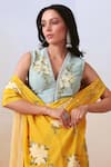 Buy_Isha Gupta Tayal_Yellow Crepe Printed Floral V Neck Pre-draped Saree With Blouse _Online_at_Aza_Fashions