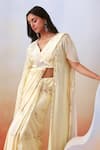 Buy_Isha Gupta Tayal_White Crepe Printed Floral Blousev Neck Pre-draped Saree With Cape _Online_at_Aza_Fashions