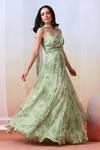 Isha Gupta Tayal_Green Georgette Printed Floral V Neck Draped Anarkali With Dupatta _Online_at_Aza_Fashions