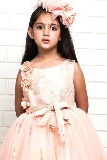 Pinkcow designs pvt ltd_Peach Net, Satin, Brocade Embroidery Cape Gown _Online_at_Aza_Fashions