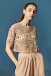 Ilk_Gold Top Net Embroidery Floral Round Blouse With Bralette  _Online_at_Aza_Fashions