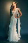 Buy_Ridhi Mehra_White Blouse And Belt Net Saree Chiffon Elm Pre-draped Ruffle With  _at_Aza_Fashions