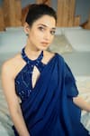 Babita Malkani_Blue Organza Embroidery Halter Ruffle Saree Gown With Neck Blouse_Online_at_Aza_Fashions