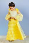 Pinkcow designs pvt ltd_Yellow Net, Crepe, Brocade Pearls, Feathers Embellished Top And Frill Lehenga Set _Online_at_Aza_Fashions