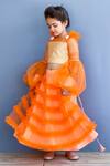 Shop_Pinkcow designs pvt ltd_Orange Net, Crepe, Brocade Pearls, Feathers Embellished Top And Frill Lehenga Set _Online_at_Aza_Fashions