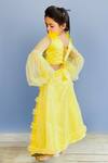 Buy_Pinkcow designs pvt ltd_Yellow Net, Crepe, Brocade Pearls, Feathers Embellished Top And Frill Lehenga Set _Online_at_Aza_Fashions