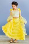 Shop_Pinkcow designs pvt ltd_Yellow Net, Crepe, Brocade Pearls, Feathers Embellished Top And Frill Lehenga Set _Online_at_Aza_Fashions