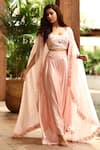 Buy_Aariyana Couture_Pink Silk Satin Organza U Neck Cape And Draped Pant Set _at_Aza_Fashions