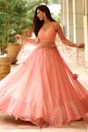 Buy_Ariyana Couture_Coral Net Cape: Round;bustier: Sweetheart Embroidered Lehenga Set For Women_at_Aza_Fashions