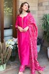 Shrutkirti_Pink Chanderi Printed Floral Notched Kurta Set For Women_at_Aza_Fashions