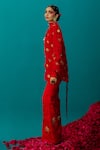 Latha Puttanna_Red Satin Organza Embroidered Rose Flared Pant _at_Aza_Fashions