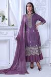Sunita Nagi_Purple Anarkali Dupion Silk Embroidered Pearl And Resham Work Band Collar Set _Online_at_Aza_Fashions