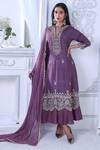 Buy_Sunita Nagi_Purple Anarkali Dupion Silk Embroidered Pearl And Resham Work Band Collar Set _Online_at_Aza_Fashions