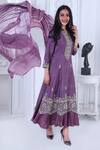 Shop_Sunita Nagi_Purple Anarkali Dupion Silk Embroidered Pearl And Resham Work Band Collar Set _Online_at_Aza_Fashions
