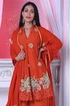 Sunita Nagi_Orange Dupion Embroidered Leather Notched Round Applique Anarkali Palazzo Set _Online_at_Aza_Fashions