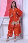 Buy_Sunita Nagi_Orange Dupion Embroidered Leather Notched Round Applique Anarkali Palazzo Set _Online_at_Aza_Fashions