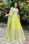 Buy_Gopi Vaid_Yellow Blouse And Lehenga Cotton Silk Cape Organza Applique Bridal Set _at_Aza_Fashions