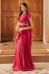 Buy_Paulmi and Harsh_Pink Saree Georgette Embroidered Floral Motifs Pre-draped Ruffle With Blouse _at_Aza_Fashions