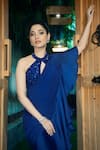 Shop_Babita Malkani_Blue Organza Embroidery Halter Ruffle Saree Gown With Neck Blouse_Online_at_Aza_Fashions