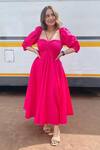 Buy_Zwaan_Pink Cotton Satin Sweetheart Neck Puff Sleeves Dress_at_Aza_Fashions