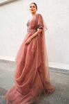 Divya Aggarwal_Pink Blouse And Belt Heavy Satin Saree Organza Willow Pre-draped Ruffle With _at_Aza_Fashions