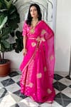 Buy_Sobariko_Pink Banarasi Woven Floral V Neck Brocade Flared Lehenga Set _at_Aza_Fashions