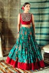 Shachi Sood_Blue Dupion Silk Print And Embroidery Floral Round Yoke Blouse And Lehenga Set _Online_at_Aza_Fashions