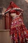 Ahanthem by Reena_Red Raw Silk Embroidery Sequin V Neck Floral Bridal Lehenga Set_at_Aza_Fashions