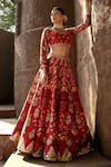 Buy_Ahanthem by Reena_Red Raw Silk Embroidery Sequin V Neck Floral Bridal Lehenga Set  _at_Aza_Fashions