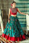 Buy_Shachi Sood_Blue Dupion Silk Print And Embroidery Floral Round Yoke Blouse And Lehenga Set _Online_at_Aza_Fashions