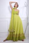 Buy Pooja Rajgarhia Gupta Green Net, Georgette Leaf Neck Printed Anarkali With Dupatta at Aza Fashions Buy_Pooja Rajgarhia Gupta_Green Net, Georgette Leaf Neck Printed Anarkali With Dupatta _at_Aza_Fashions