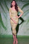 Buy_THE IASO_Green Viscose Gold Dot Lurex Chiffon Printed Sinuous Motifs Sander Bodycon Dress _at_Aza_Fashions