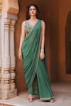 Samatvam by Anjali Bhaskar_Green Georgette Shantoon V-shaped Neckline Pre-draped Pant Saree _Online_at_Aza_Fashions